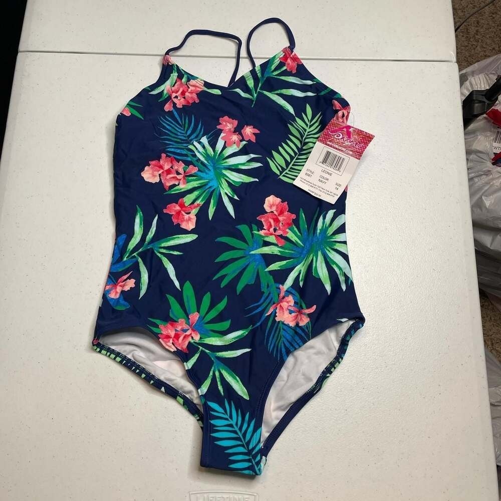 Kanu Surf Girls' Daisy Beach Sport One-Piece Swimsuit, Leonie Floral Navy, Size